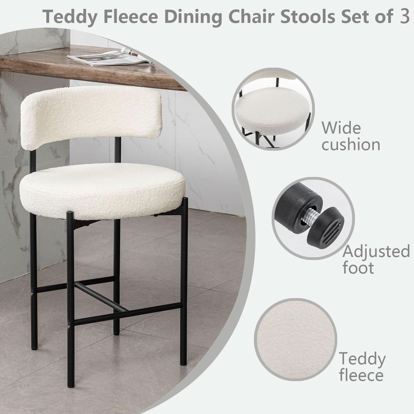 Boucle Bar Stools Set Of 3 24 Inch White Upholstered Counter Stools With Backs