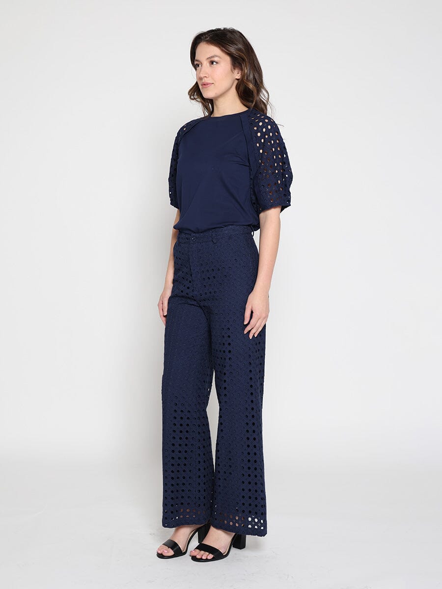Eyelet sleeve and solid body crew neck top