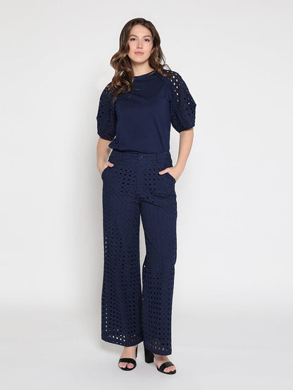 Eyelet sleeve and solid body crew neck top