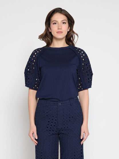 Eyelet sleeve and solid body crew neck top